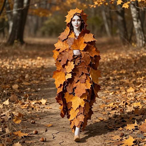 Photograph of a woman in a forest, wearing a leafy autumn outfit made of orange and brown leaves, standing on a leaf-covered path.