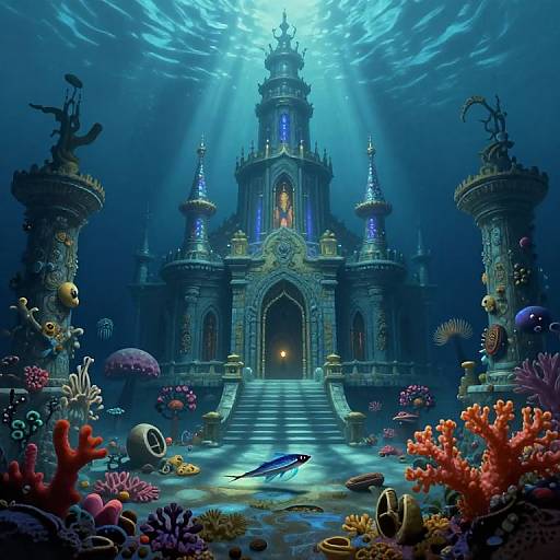 Underwater fantasy scene: illuminated, ornate castle with blue glowing accents, surrounded by vibrant coral, sea creatures, and sunlight rays penetrating deep waters.