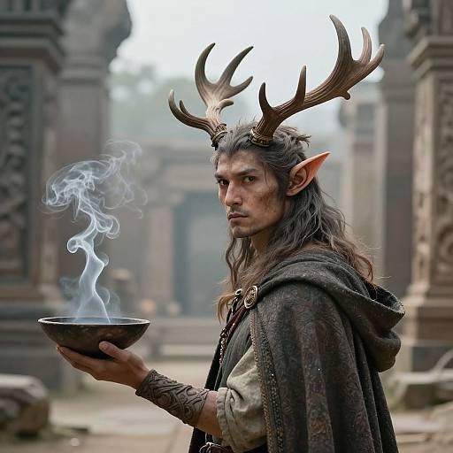 Photorealistic CGI of a stern, elven male with antlers, long gray hair, and pointed ears, holding a smoking bowl in a mist