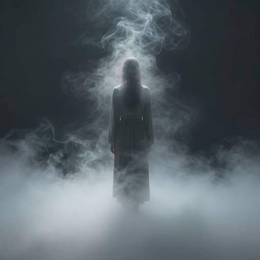 Mysterious silhouette of a person standing in dense, ethereal white smoke, illuminated from below, with blue-black background. Photographic digital art.
