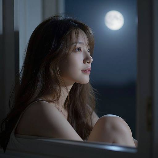 Photograph of a young Asian woman with long brown hair, sitting in a window at night, illuminated by a bright full moon. Her expression is contempl
