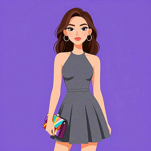 Digital illustration of a stylish woman with long brown hair, wearing a gray sleeveless dress, holding a rainbow clutch, against a purple background.