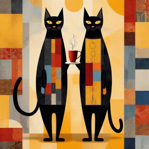 Stylized Black Cats with Coffee in Abstract Art