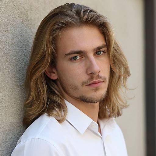 Photograph of a young man with long, wavy blonde hair, light green eyes, and a trimmed beard, wearing a white shirt, leaning against