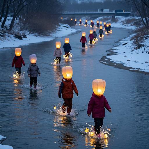 Photograph of children in winter clothing walking through a snow-covered, illuminated stream, each wearing glowing paper lanterns on their heads.