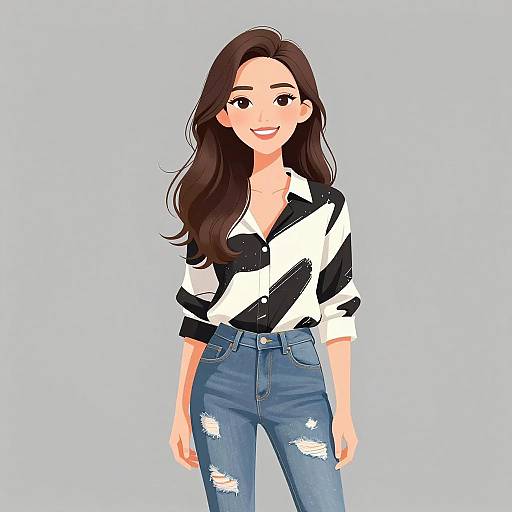 Digital illustration of a smiling young woman with long brown hair, wearing a black-and-white striped shirt and ripped blue jeans.
