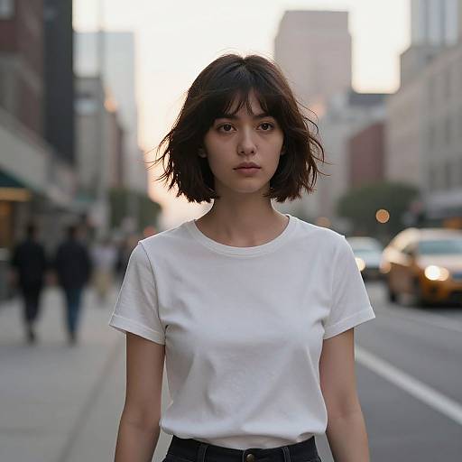 Woman with Voluminous Bob in Urban Dawn