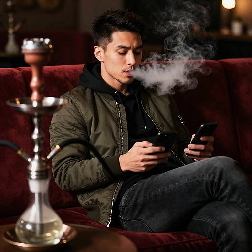 Relaxed Man Smoking Shisha Indoors