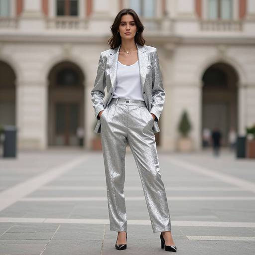 Photograph of a confident woman in a shiny silver suit, white blouse, and black heels, standing in a European-style plaza.