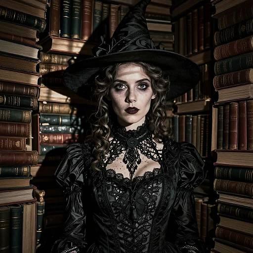 Photorealistic digital artwork of a pale-skinned woman in a black lace Victorian dress and witch hat, surrounded by stacked books in a dimly lit