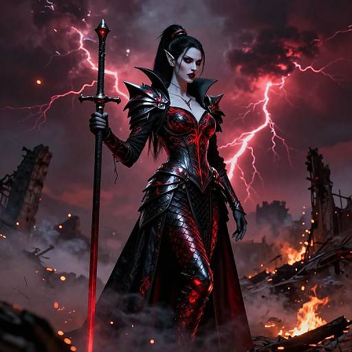 Digital artwork of a dark, armored, elf-like woman with red eyes, holding a glowing sword, amidst a stormy, fiery sky with lightning.