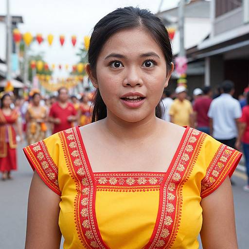 Photograph of a young Asian woman with black hair in a yellow and red traditional dress, standing on a busy street during a festive parade, with blurred