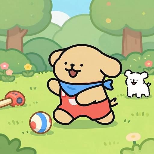 Cute cartoon dog with blue bandana and red shorts plays in sunny, green park with trees, ball, and toy. Digital art.