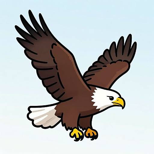 Cartoon-style illustration of a brown and white bald eagle with yellow beak and talons, wings spread wide in mid-flight against a plain blue background