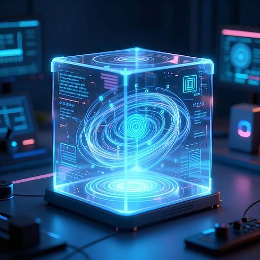 Neon blue holographic cube displaying intricate circular digital patterns and glowing text, set on a futuristic dark blue-lit control desk.