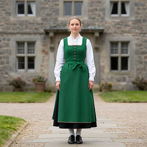 Photograph of a young woman with fair skin, blonde hair, wearing a green apron over a white blouse and black shoes, standing in front of