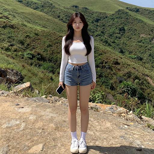 Young Woman on Sunlit Rocky Path