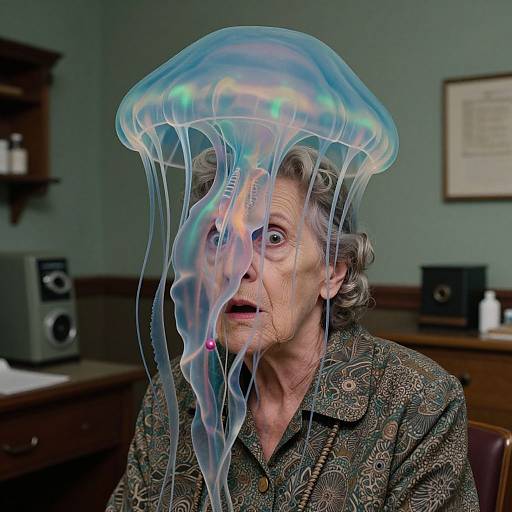 Photograph of an elderly woman with short gray hair, wearing a patterned shirt, surprised expression, and a translucent blue jellyfish on her head,
