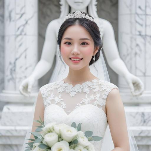 Portrait of Asian Bride in White Lace Dress