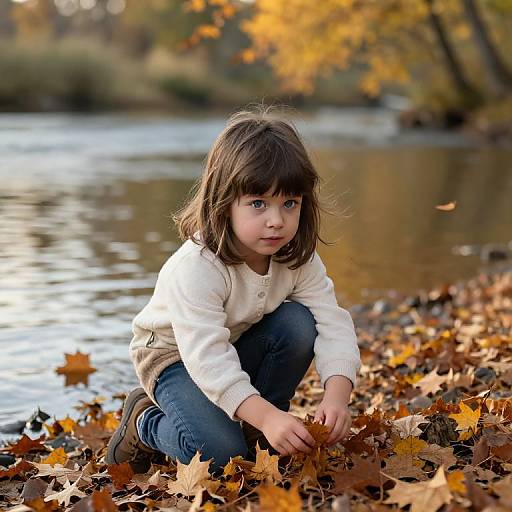 Photograph of a young girl with brown hair, wearing a white sweater and blue jeans, crouching among autumn leaves by a serene river.