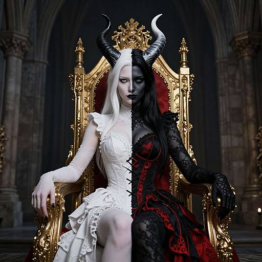 Digital art of a split-personality demon queen: left half white, right half black, wearing contrasting lace dresses, seated on an ornate golden throne