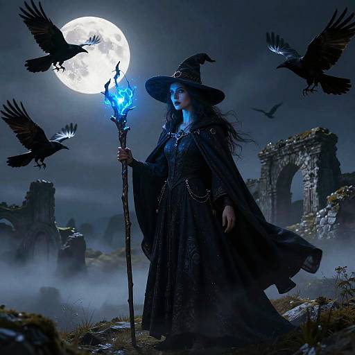 Witch on Misty Hill Under Moon