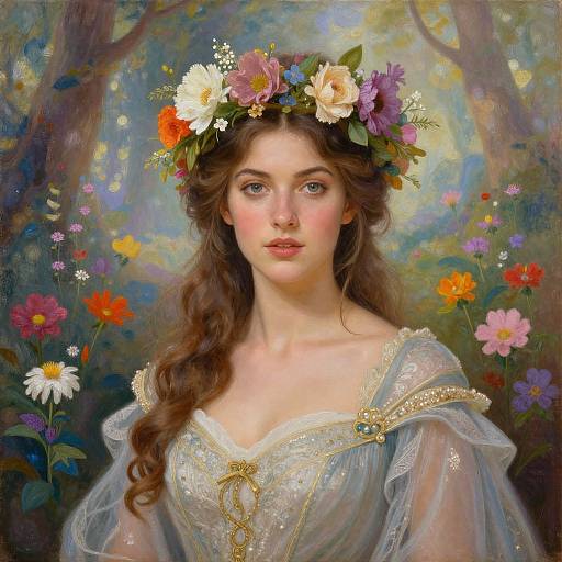 Digital painting of a fair-skinned, blue-eyed young woman with long brown hair, wearing a floral crown and a delicate, light blue, off-
