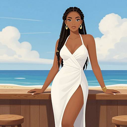 Digital drawing of a dark-skinned woman with long braided hair, wearing a white, sleeveless, high-slit dress, standing at a beach