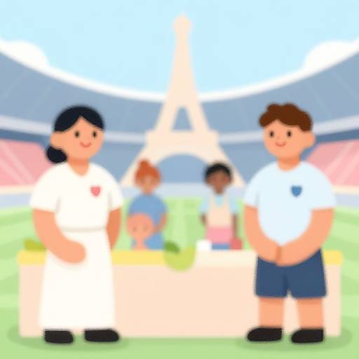 Cartoon image of two children, one in white uniform, one in white shirt and blue shorts, standing in front of blurred stadium backdrop.
