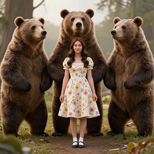 Photograph-like CGI: Young woman in white floral dress stands between four standing brown bears in a forest, sunlight filtering through trees.