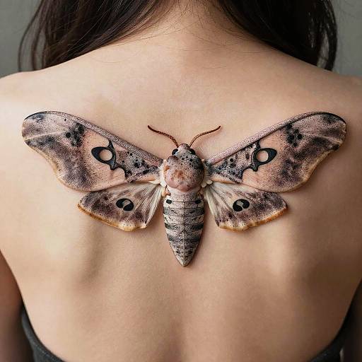 Photograph of a realistic moth tattoo on a person's back, featuring intricate black and brown patterns with eye-like markings.