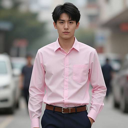 Photograph of a young Asian man with short black hair, wearing a pink button-up shirt and dark pants, standing on a busy urban street with blurred