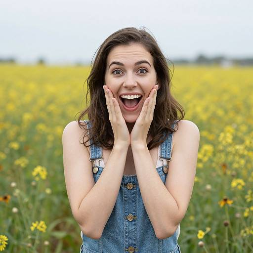 Photograph of a surprised young woman with brown hair, wearing blue denim overalls, hands on cheeks, standing in a yellow wildflower field.