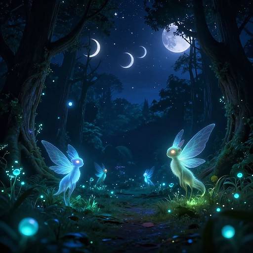 Digital fantasy artwork of glowing fairy-like creatures with blue wings under a moonlit, starry forest night, surrounded by ethereal luminescent orbs.
