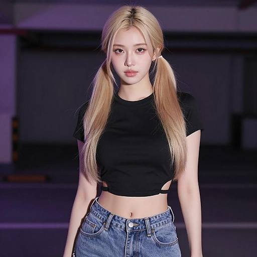 Blonde Woman in Crop Top and Jeans