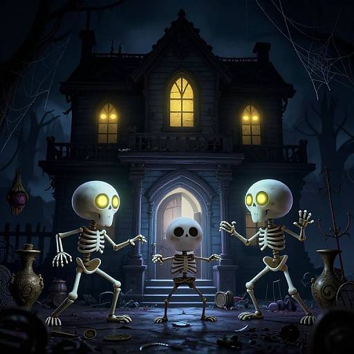 Digital artwork of two glowing-eyed skeletons dancing around a central skull on a spooky, moonlit front porch with eerie yellow-lit windows.