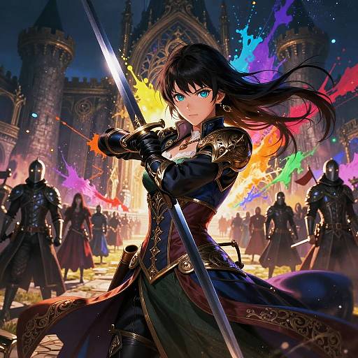 Digital fantasy artwork of a fierce, blue-eyed, black-haired female warrior with glowing sword, ornate black armor, amidst colorful explosions, castle backdrop,