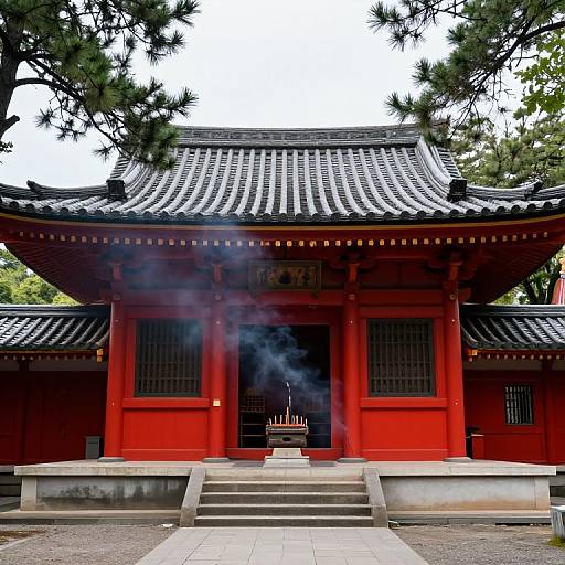 Photograph of a traditional Japanese shrine with red wooden walls, black tiled roof, smoke rising from the entrance, surrounded by trees.