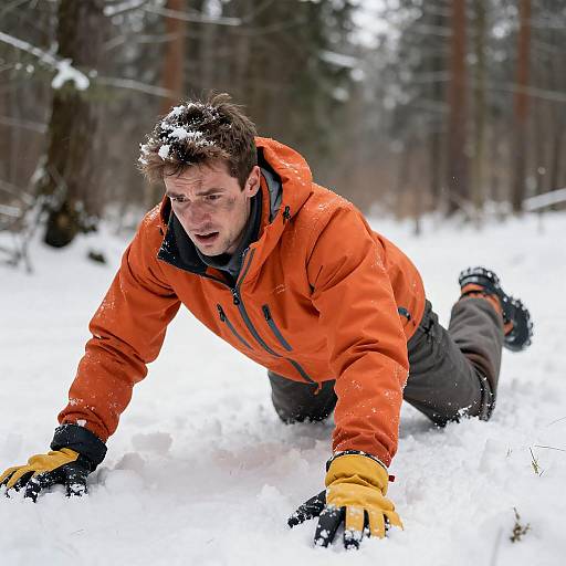 Man Falling on Snowy Forest Ground