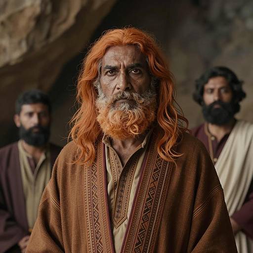 Elderly Man in Geometric Robes in Cave