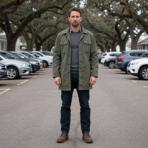Photograph of a bearded man in a green military-style coat, dark sweater, and jeans standing in a parking lot with trees in the background,