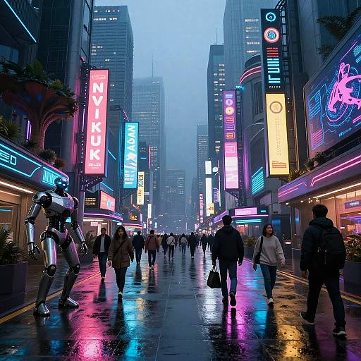 Photograph of a neon-lit, rainy city street at dusk, with diverse pedestrians walking under vibrant, colorful digital billboards.