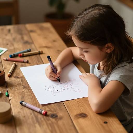 Photograph of a young girl with brown hair, wearing a grey shirt, drawing a smiling face on white paper with colorful crayons on a rustic wooden