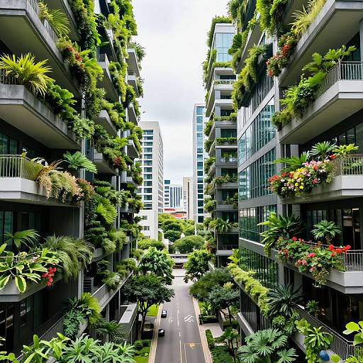 Photograph of a modern urban alleyway with tall, greenery-covered apartment buildings, vibrant flower boxes, and a narrow street lined with trees and plants