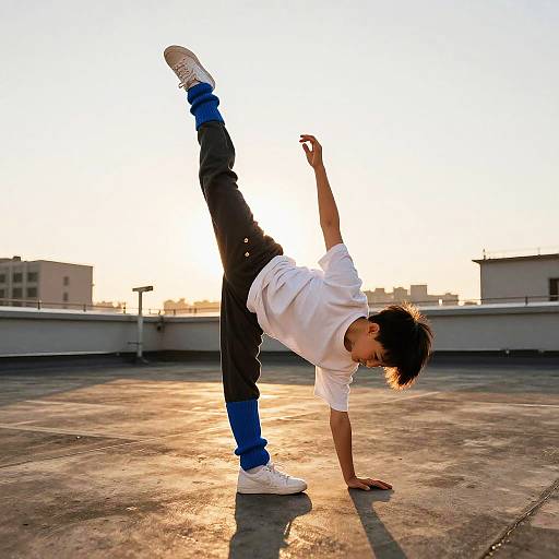 Teen Breakdancer Stretching on Rooftop at Sunset