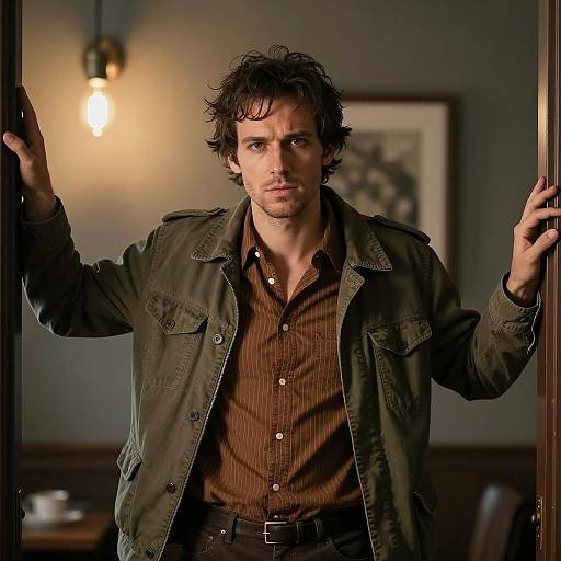 Serious man standing in doorway