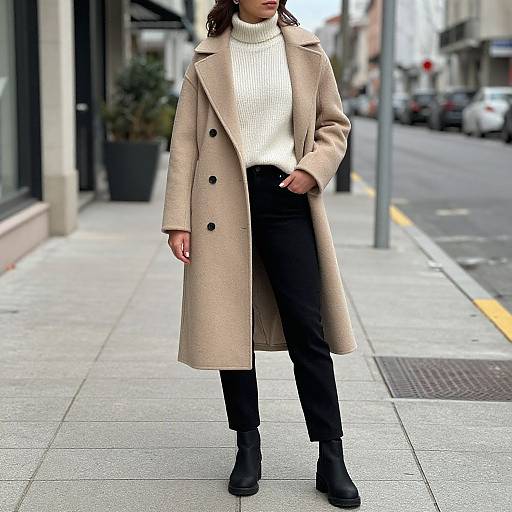 Photograph of a woman in a beige coat, white turtleneck, black pants, and black boots, standing on a city sidewalk.