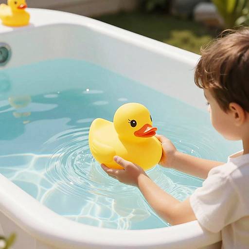 Photograph of a young boy with brown hair in a white shirt, holding a bright yellow rubber duck in a sunlit blue bathtub.