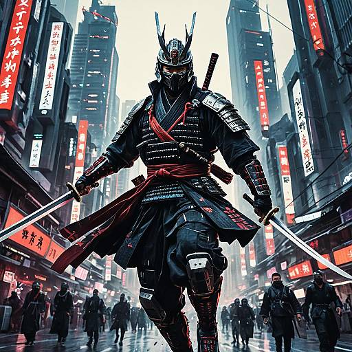 Futuristic Samurai Warrior in Cyberpunk City