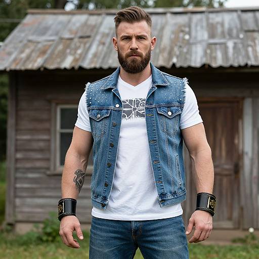 Muscular Bearded Man by Weathered Building